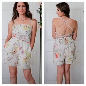 [H&M] Cream Linen Blend Cottagecore Wildflower Floral Print Strappy Romper Sz XL